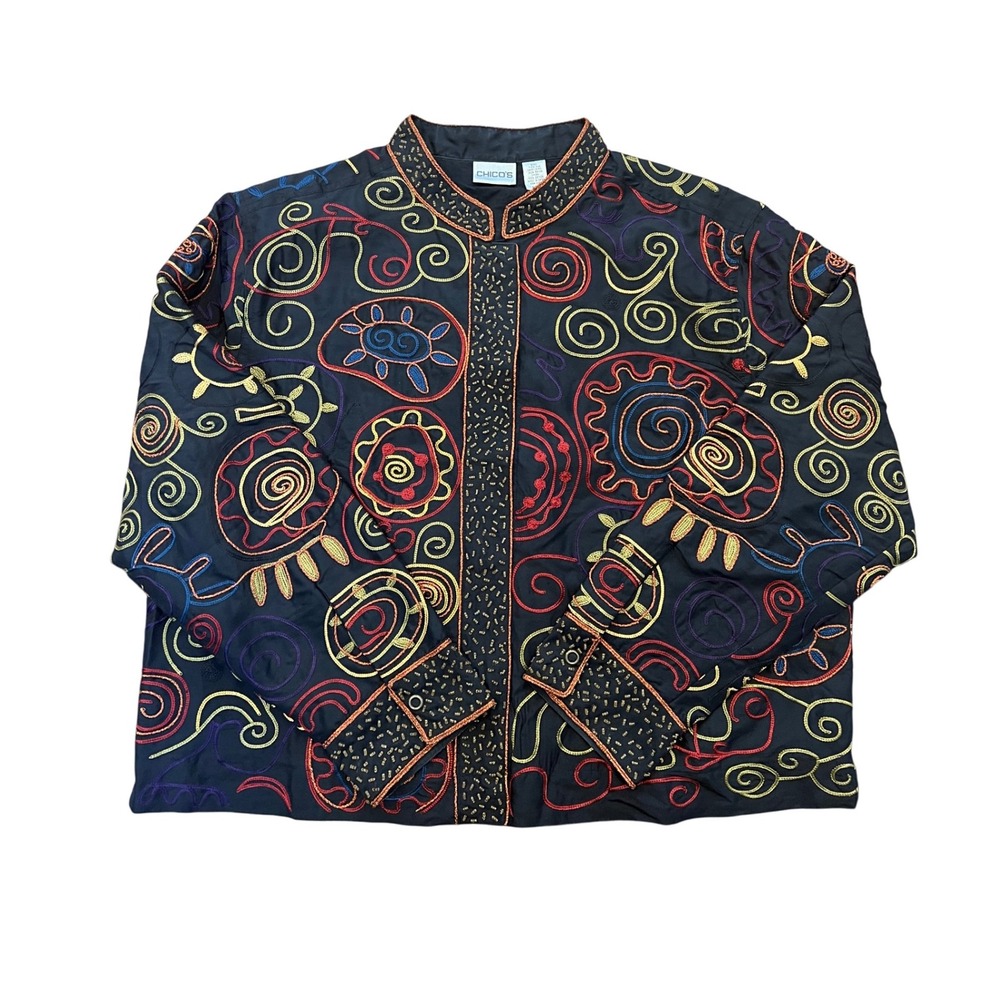 Chicos Black Embroidered Silk Jacket Women Size 8 Ornate Swirls Beaded Collar